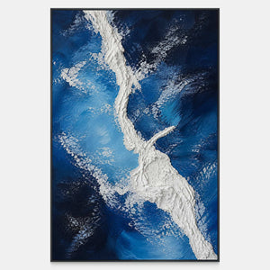 Hand-painted vertical artwork with an ivory current through deep ocean blue.