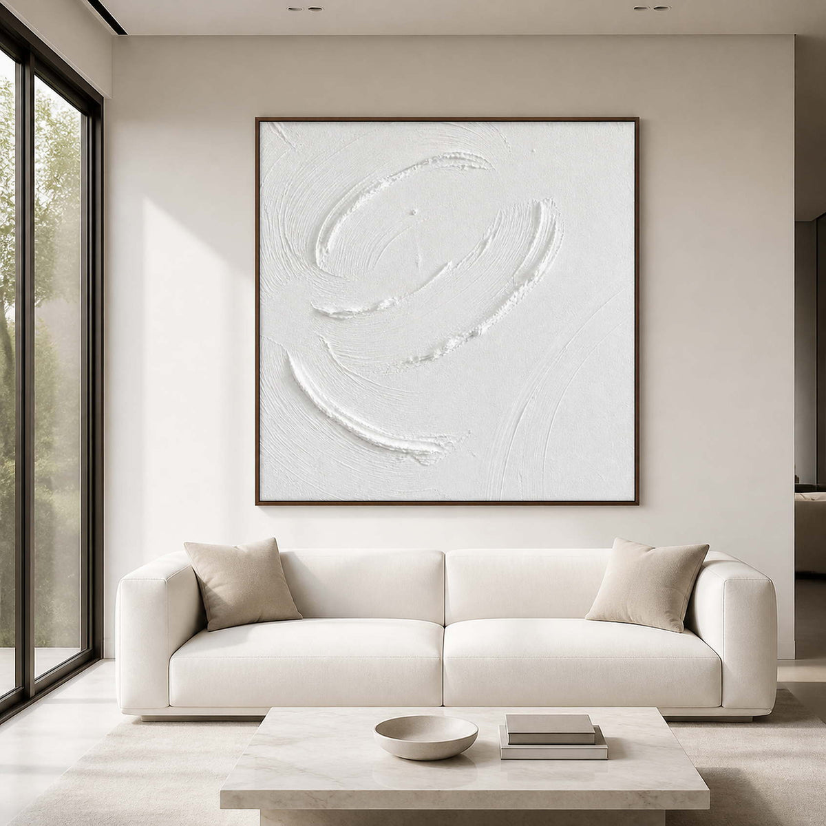 White textured minimalist wall art displayed in a modern luxury living room.