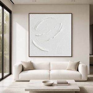 White textured minimalist wall art displayed in a modern luxury living room.