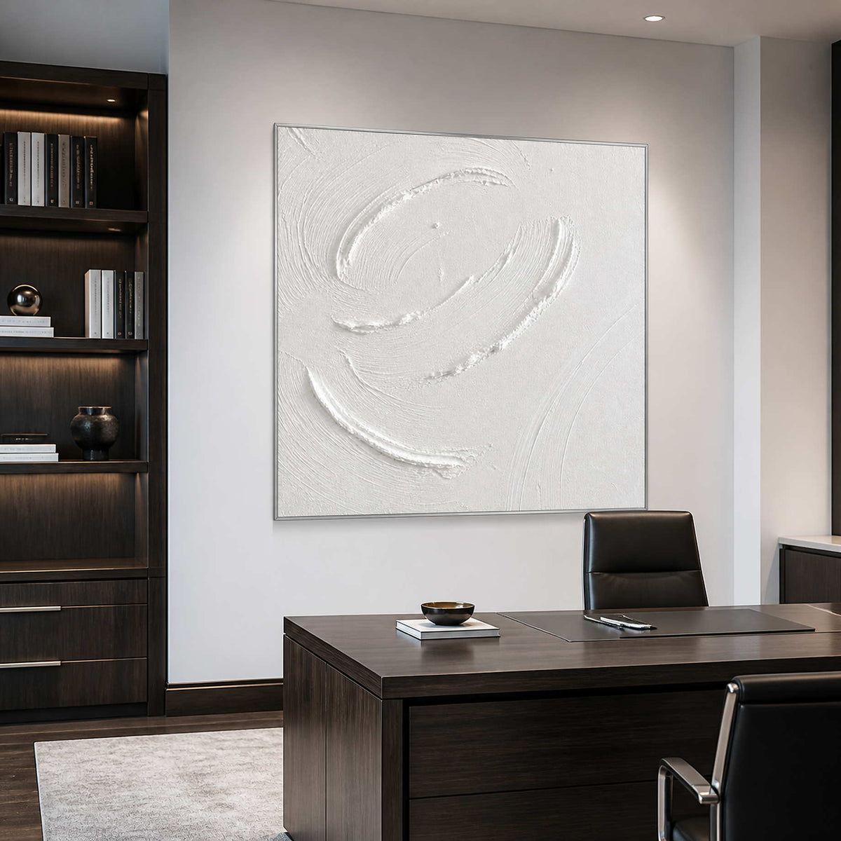 Square textured minimalist wall art displayed in a modern private office.