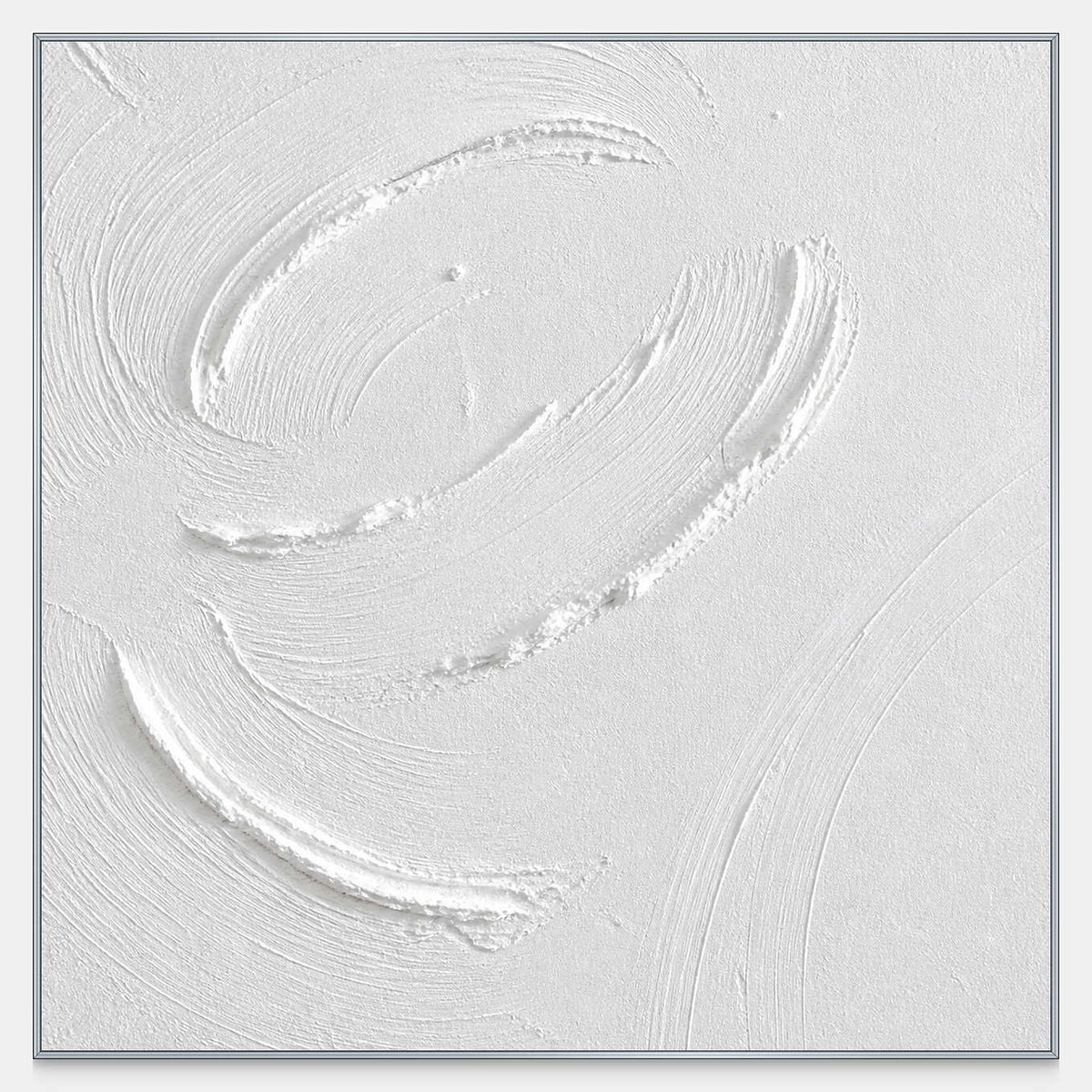 Hand-painted square minimalist wall art with raised circular gestures in white and ivory.