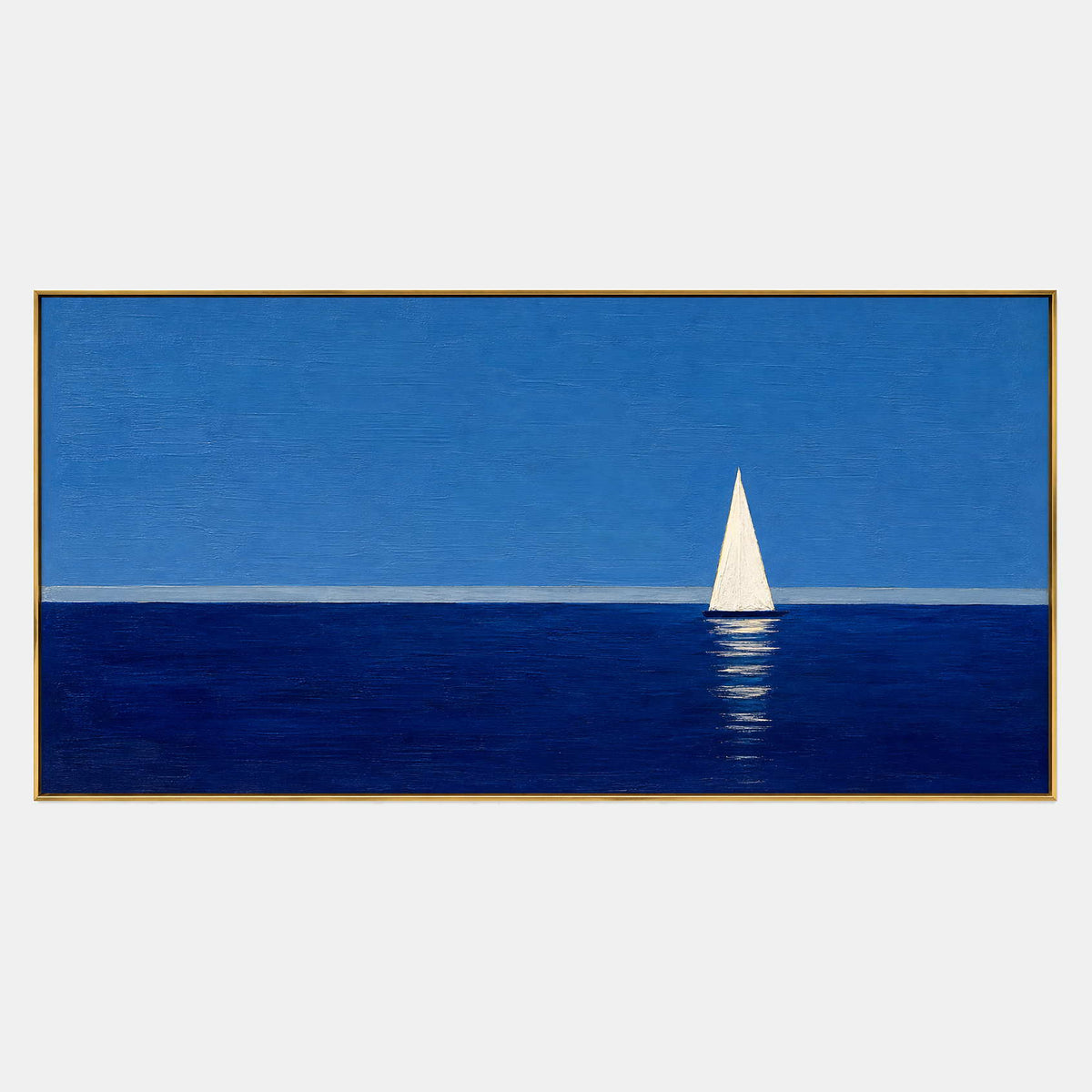 Panoramic blue coastal wall art with a solitary white sailboat.