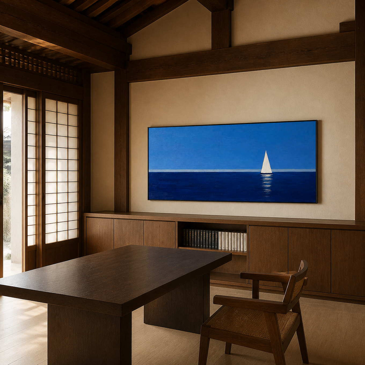 Blue sailboat wall art displayed in a warm wood home office.