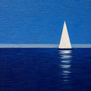 Close-up of raised blue texture and an ivory painted sailboat.