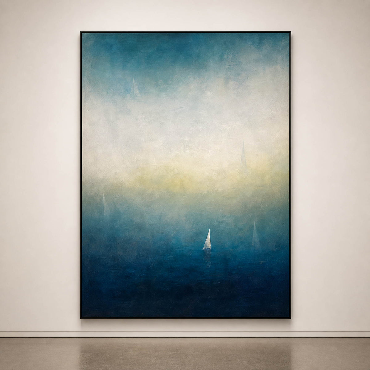 Misty ocean wall art viewed close-up in a quiet contemporary gallery.