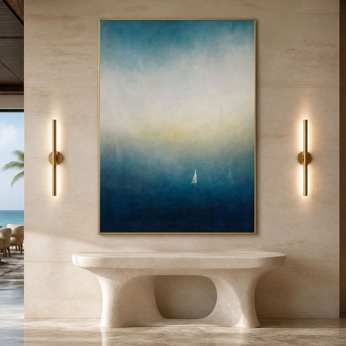 Vertical blue sailboat artwork displayed in a refined hotel lobby.