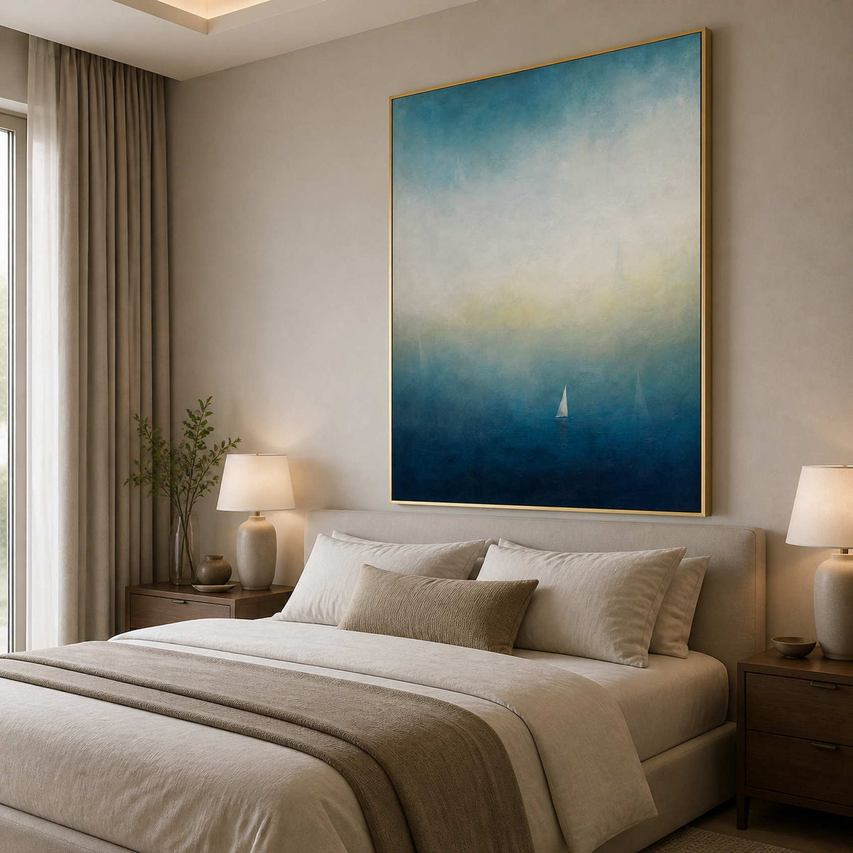 Atmospheric blue coastal painting displayed in a restful luxury bedroom.
