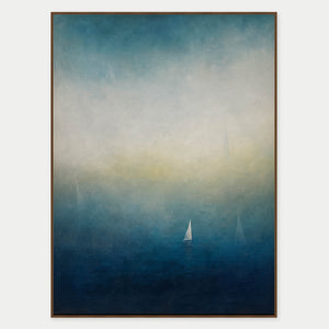Atmospheric coastal painting with a white sail drifting across deep teal water.