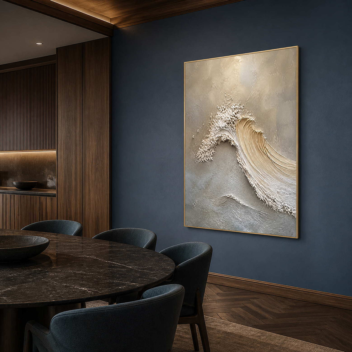 Ivory textured wave painting displayed in a deep blue dining room.