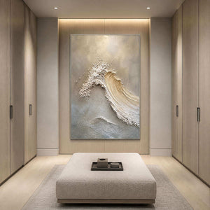 Ivory coastal wall art displayed in a cool gray dressing hall.