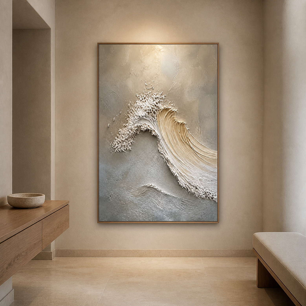 Sculptural coastal wall art in a warm limestone residential entryway.