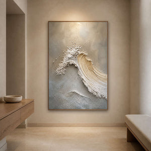 Sculptural coastal wall art in a warm limestone residential entryway.