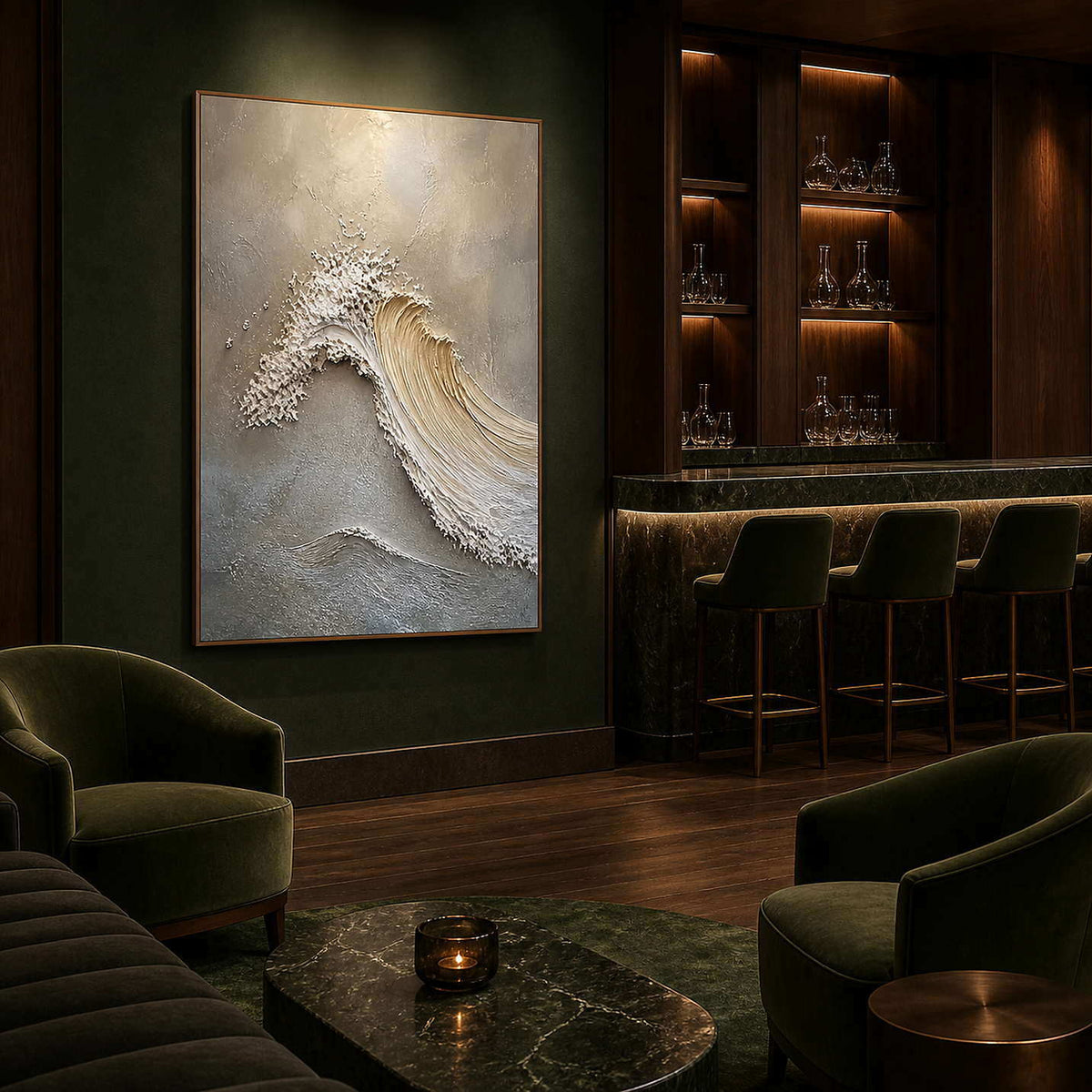 Neutral coastal relief styled in a deep green hotel lounge.