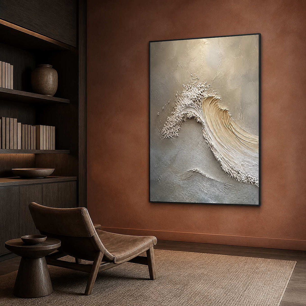 Neutral textured wave canvas in a terracotta reading room.