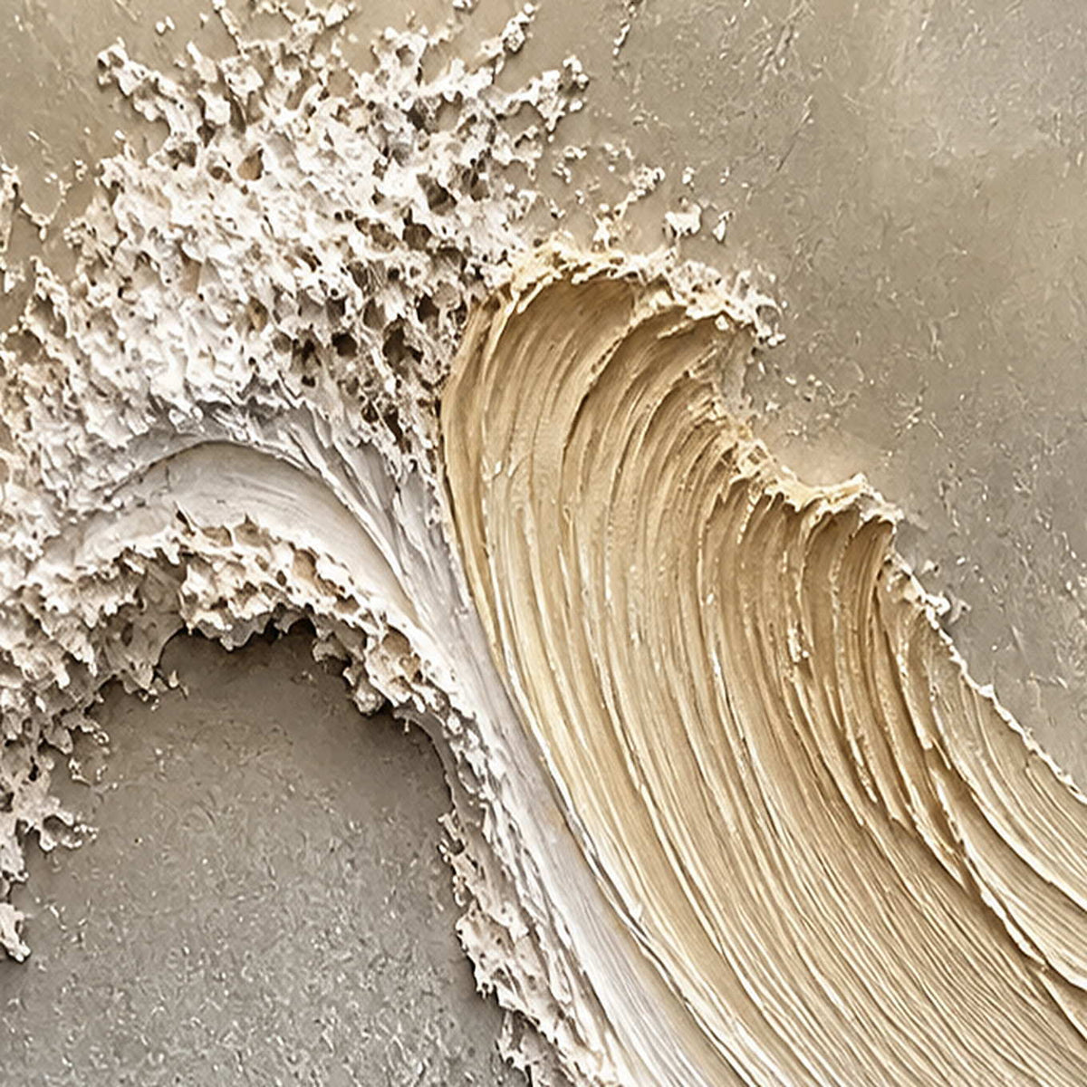 Close-up of the deeply raised ivory wave and foamed crest texture.