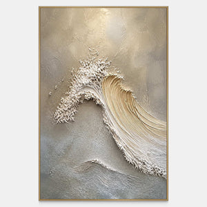 Hand-painted ivory wave relief on a soft gray and sand field.