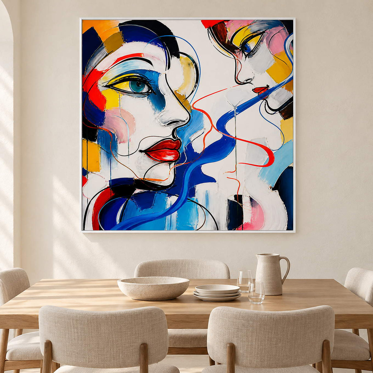 Hand-painted square portrait canvas with expressive faces and vivid color, displayed in a dining room in a white frame.