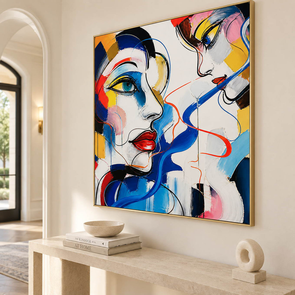 Hand-painted square portrait canvas with expressive faces and vivid color, displayed in an entryway in a gold frame.