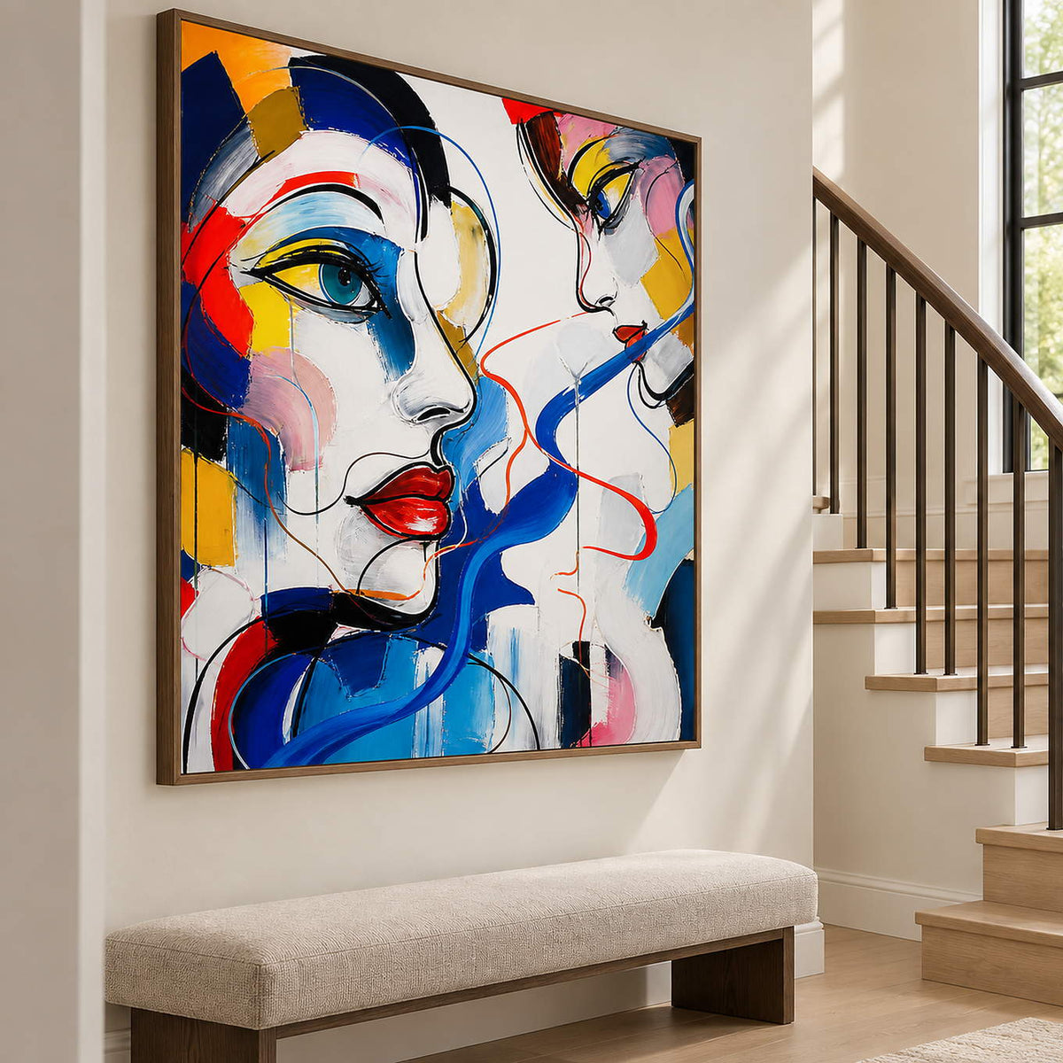 Hand-painted square portrait canvas with expressive faces and vivid color, displayed beside a staircase in a brown wood frame.