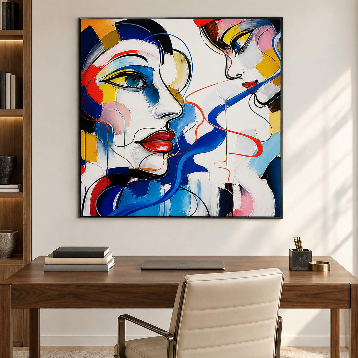 Hand-painted square portrait canvas with expressive faces and vivid color, displayed in a study in a black frame.