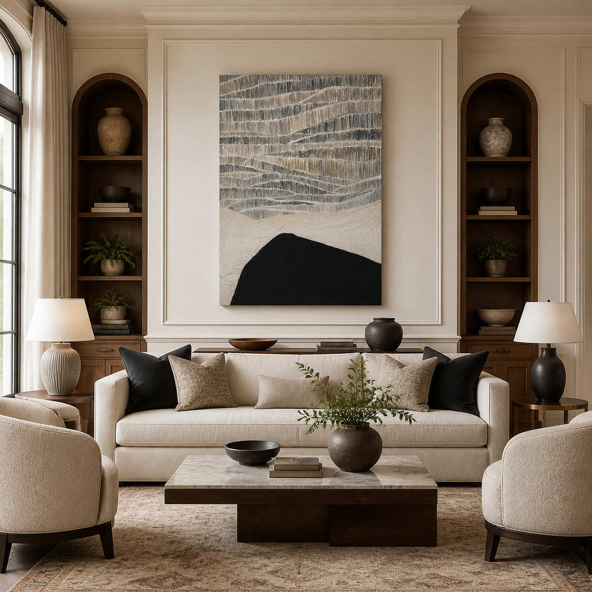 Frameless gray and cream abstract artwork above a sofa between arched wooden shelves.