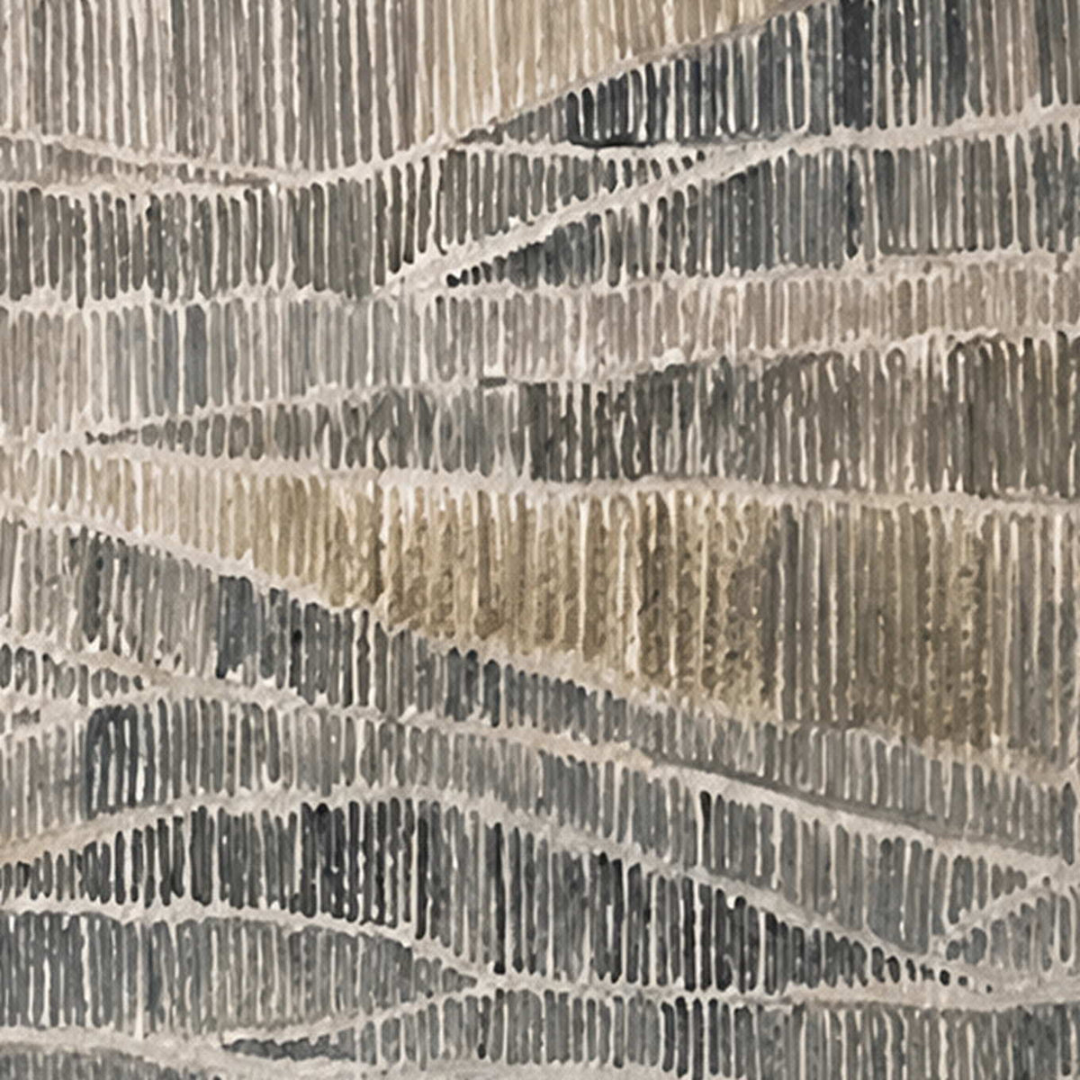 Close view of fine pale vertical marks connecting rippling bands over gray and taupe.