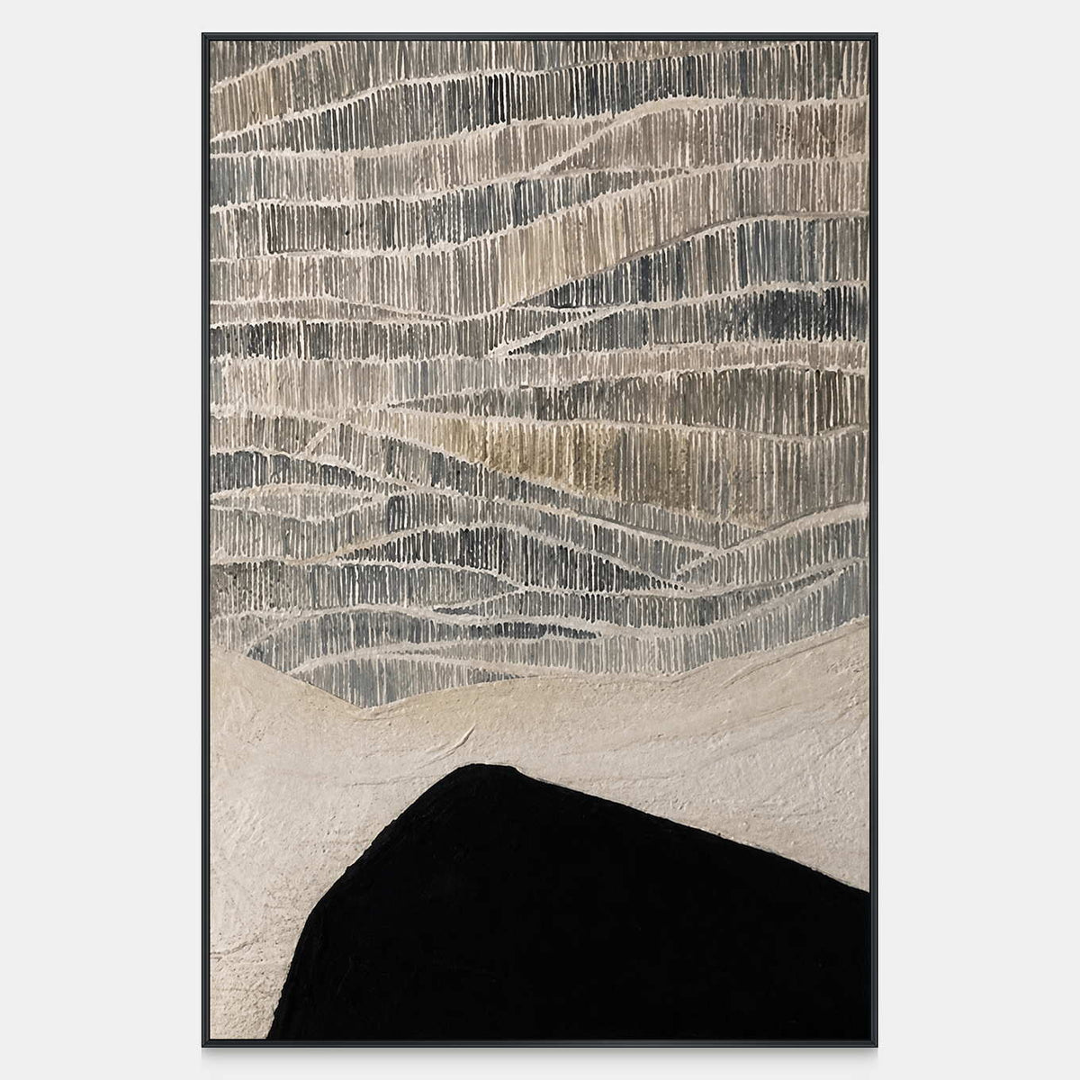 Vertical textured artwork with fine pale bands above sweeping cream and black shapes.