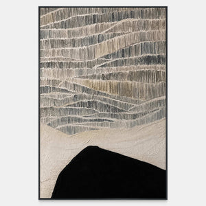 Vertical textured artwork with fine pale bands above sweeping cream and black shapes.