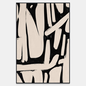 Broad cream strokes bend and cross over a black ground in a vertical abstract composition.