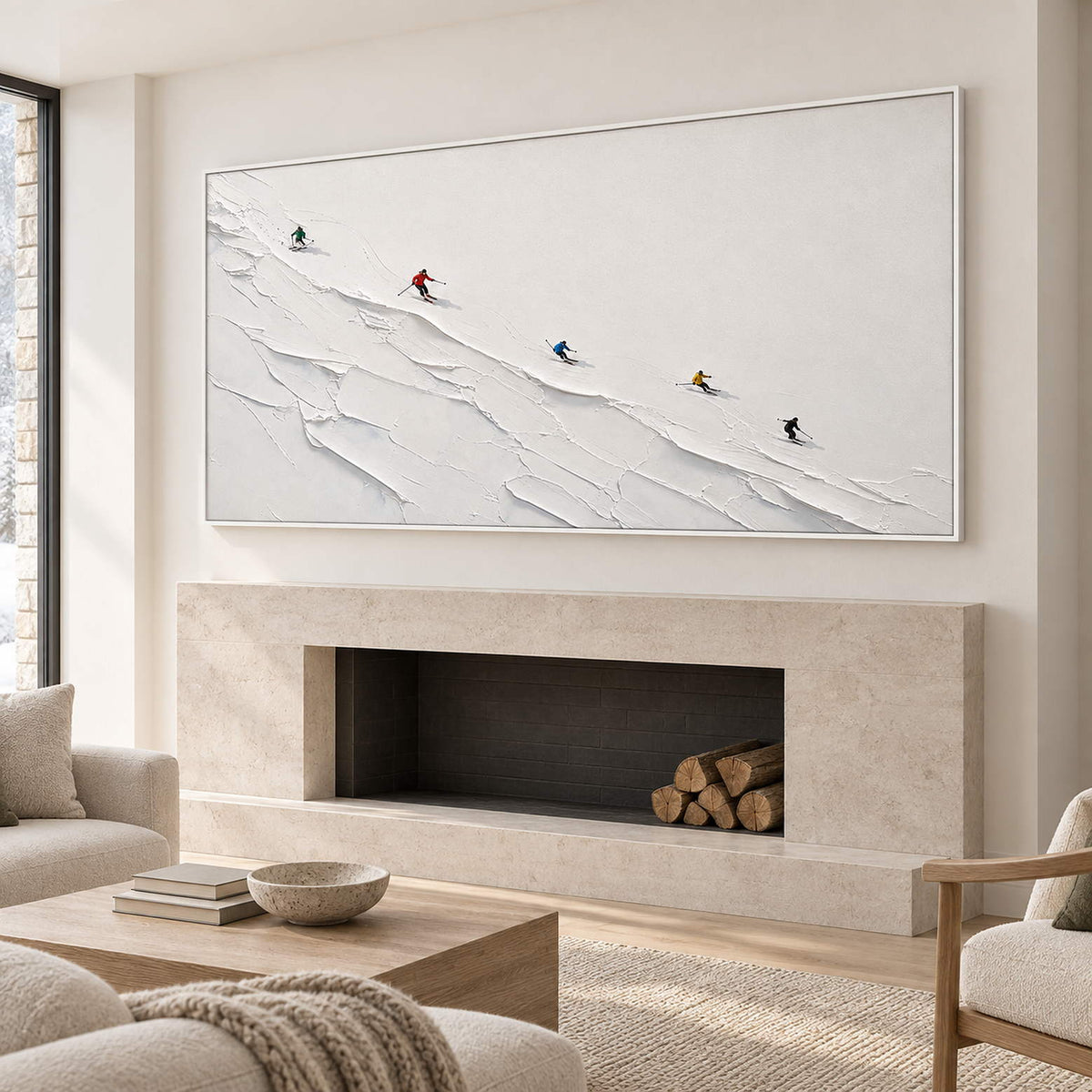 Tiny colorful skiers crossing a ridged white slope in a white frame, displayed above a fireplace.