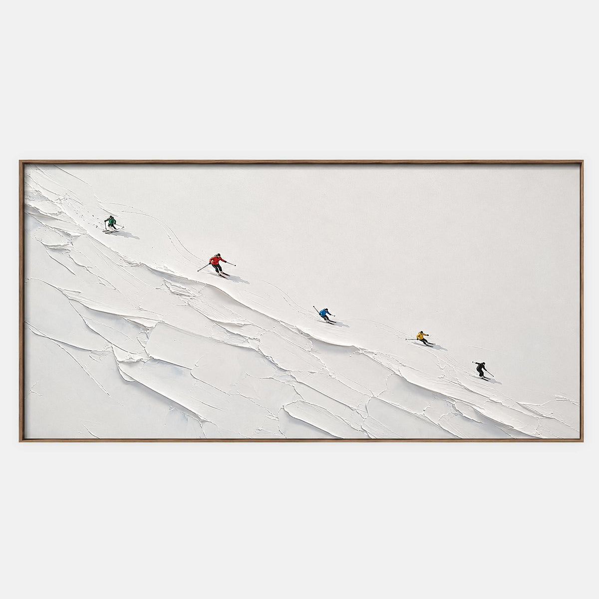 Across the Open Snow: tiny colorful skiers crossing a ridged white slope, shown in a full artwork view.