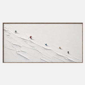 Across the Open Snow: tiny colorful skiers crossing a ridged white slope, shown in a full artwork view.