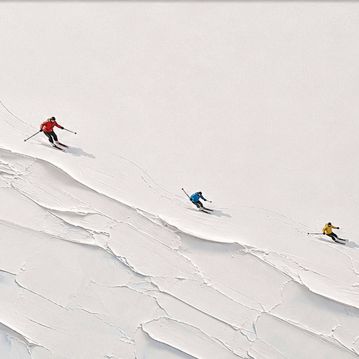 Detail of Across the Open Snow, showing the tiny skiers and raised white snow texture.