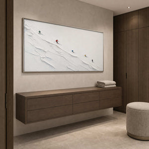 Textured Skiing Wall Art displayed in a refined bathroom.