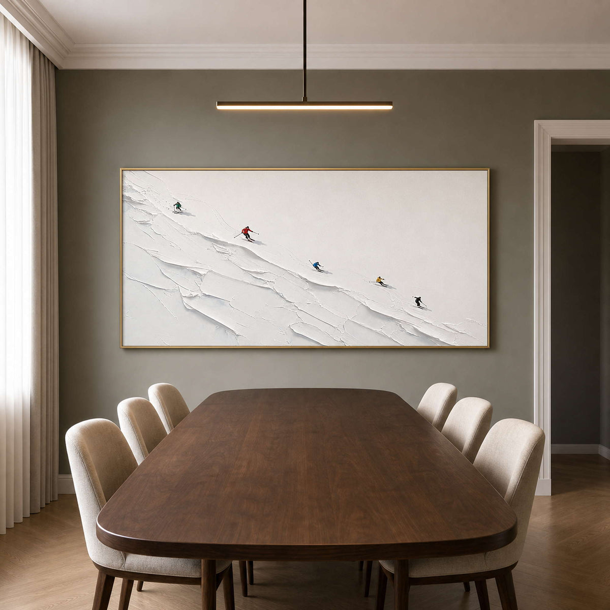 Textured Skiing Wall Art displayed in a refined dining room.