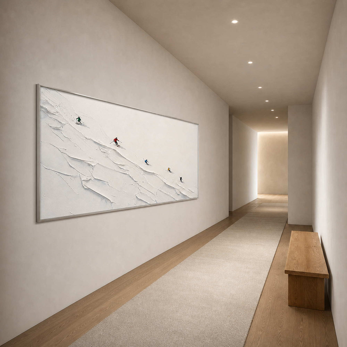 Textured Skiing Wall Art displayed in a refined entryway.