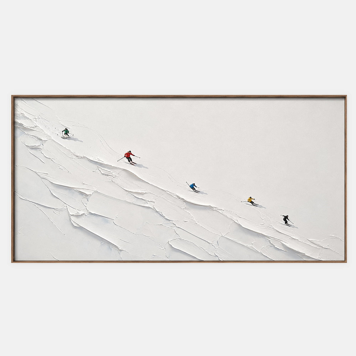 Hand-painted textured skiing wall art in white, neutral, and blue.