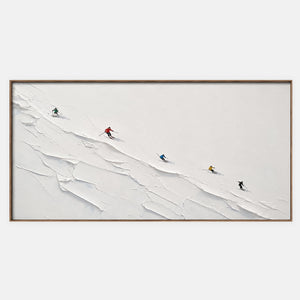 Hand-painted textured skiing wall art in white, neutral, and blue.