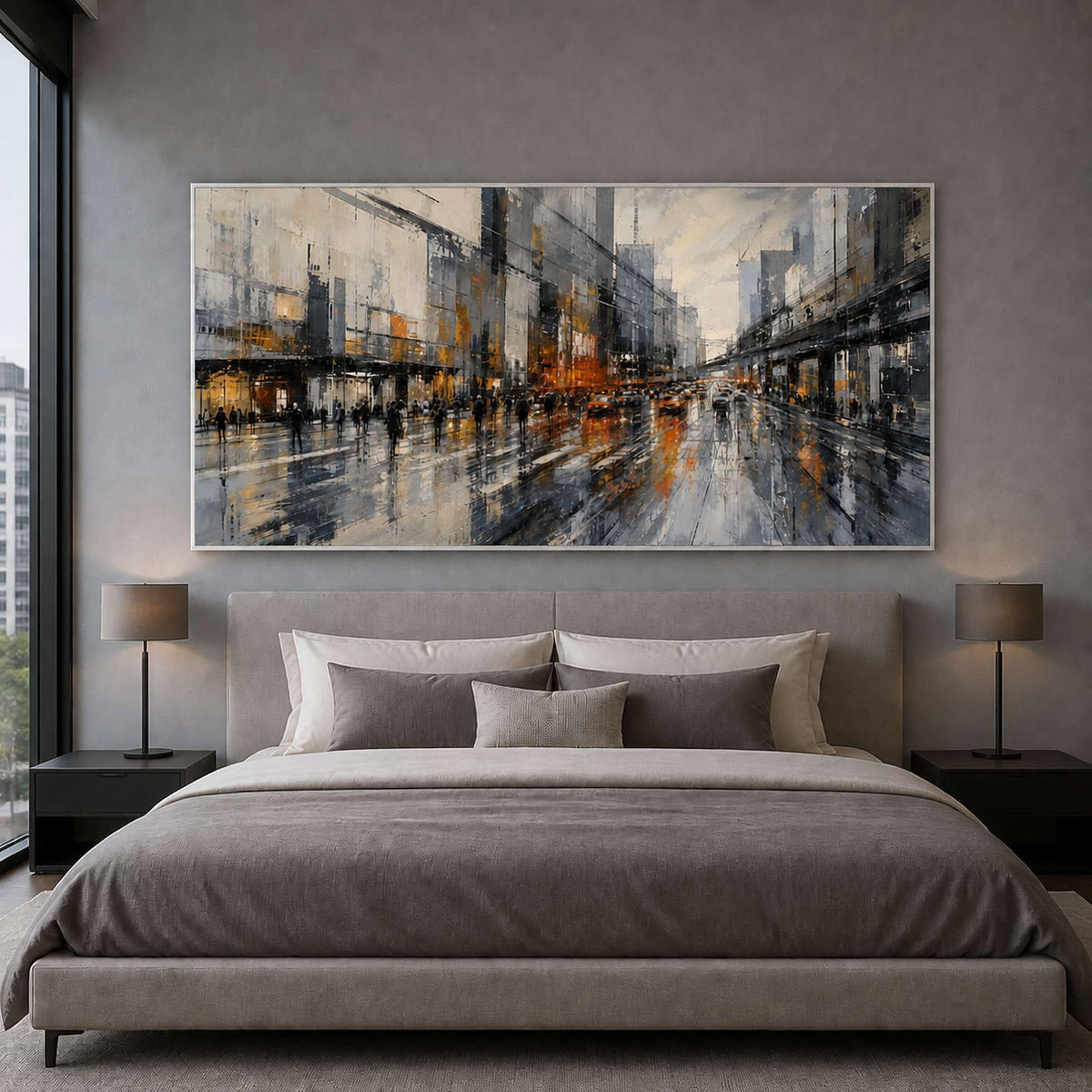 Textured city street artwork styled in a sophisticated apartment bedroom