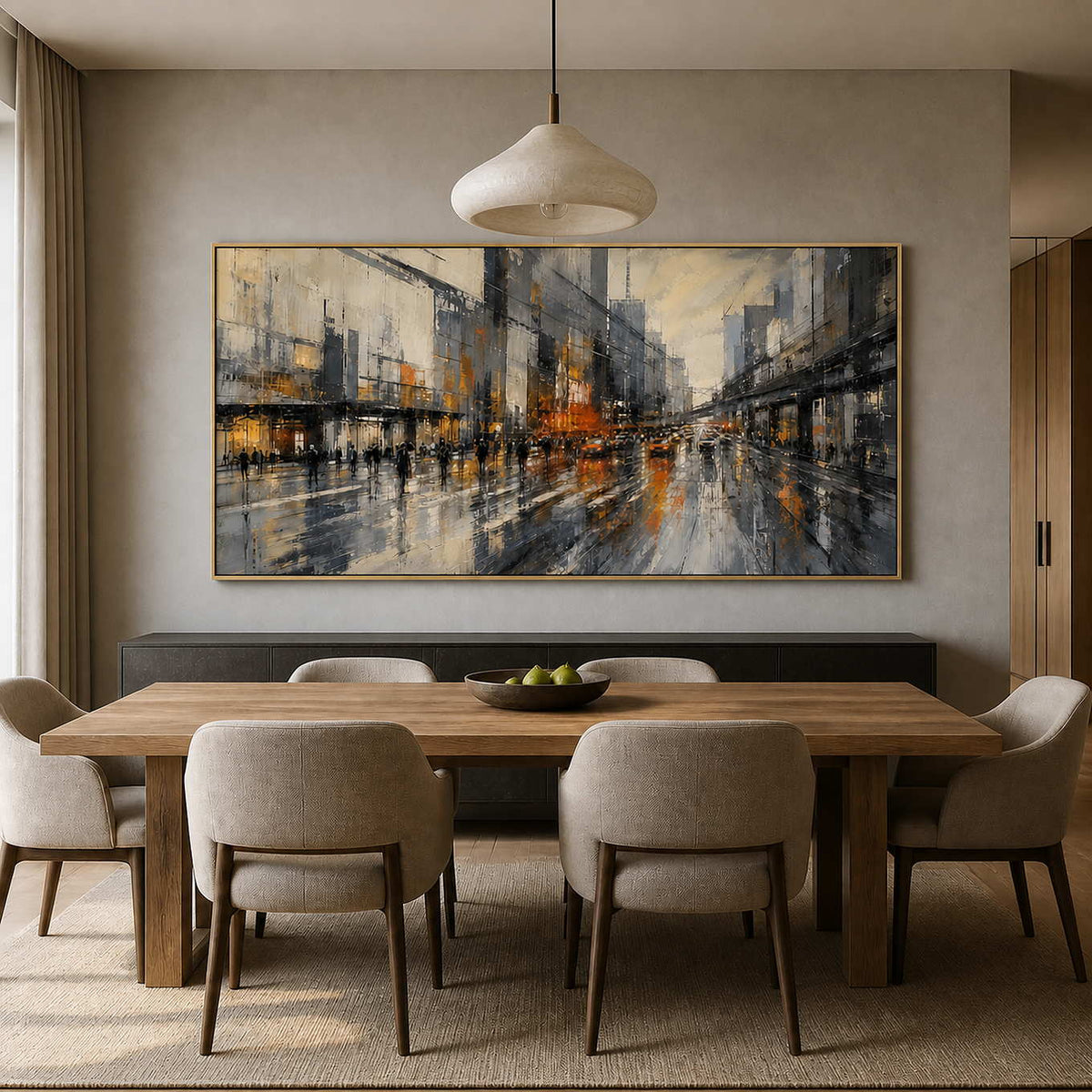 Panoramic urban wall art above a warm gray modern dining room
