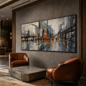 Rainy cityscape painting in a welcoming boutique hotel lounge