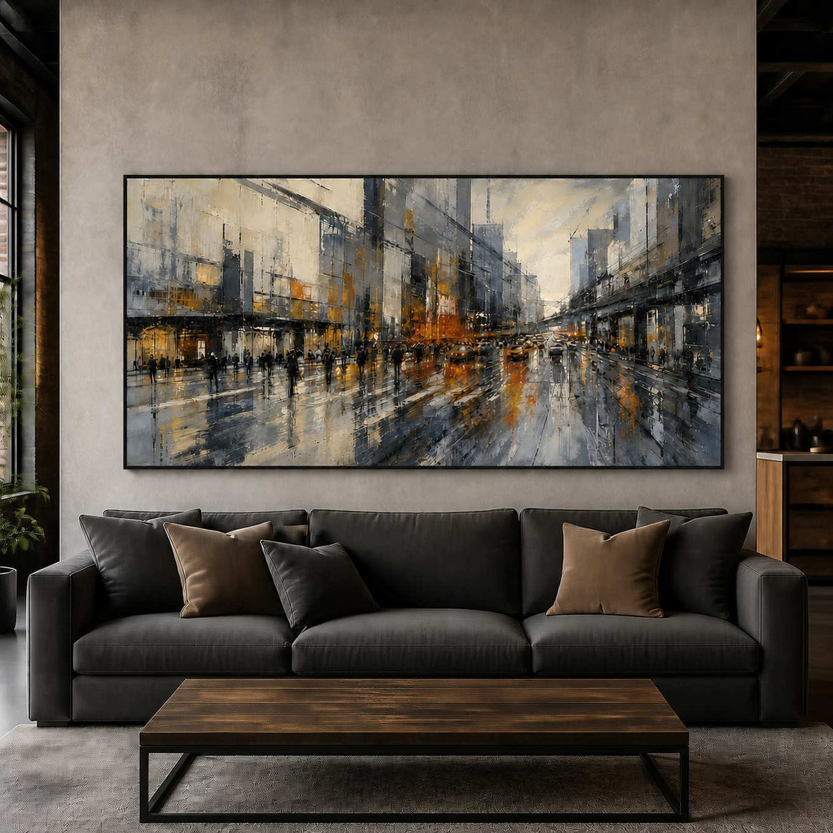 Panoramic textured cityscape wall art in an industrial modern living room