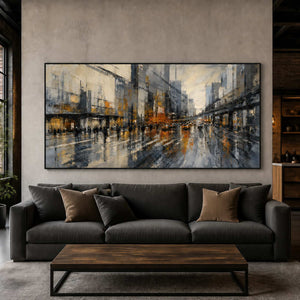 Panoramic textured cityscape wall art in an industrial modern living room