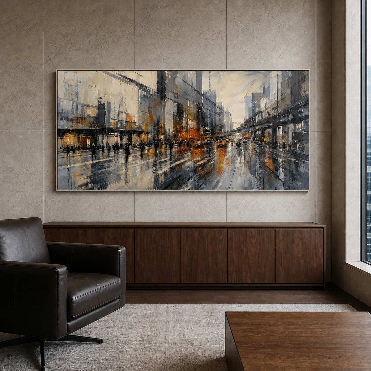 Rainy cityscape wall art displayed in a contemporary executive office