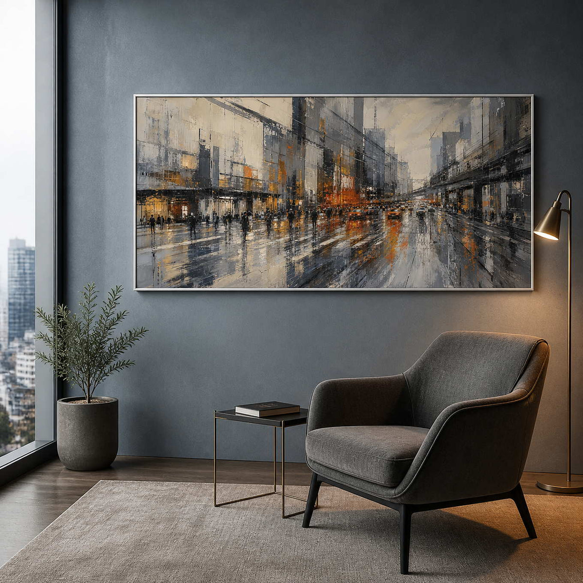 Textured metropolitan artwork in a high rise reading lounge