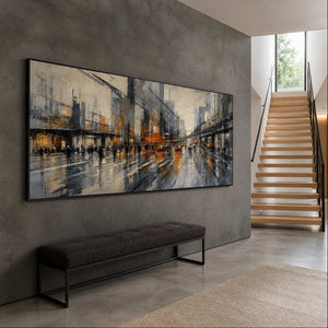 Panoramic city wall art beside a modern residential staircase