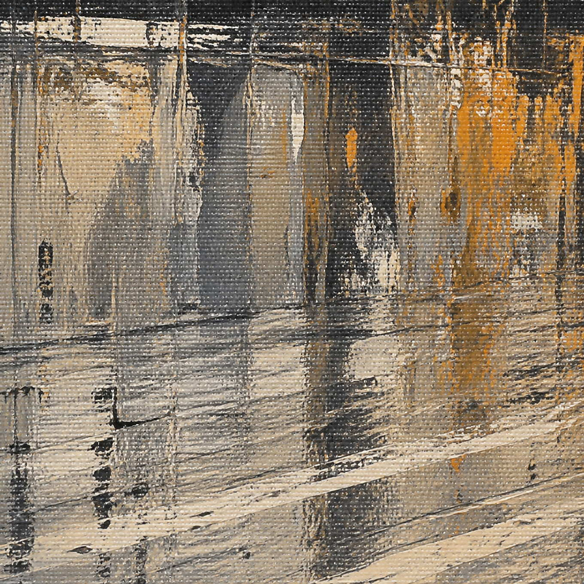 Close detail of layered palette knife strokes and reflective city lights