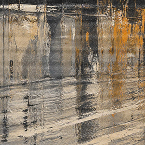 Close detail of layered palette knife strokes and reflective city lights