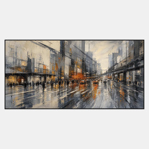 Textured rainy cityscape wall art with charcoal towers and amber lights