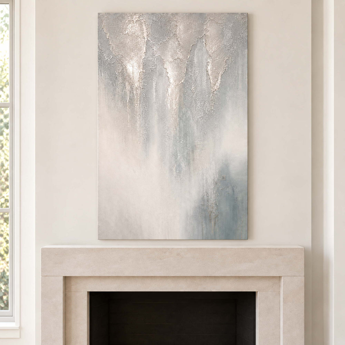 Soft gray and ivory vertical textures fading into pale blue without an outer frame, displayed above a fireplace.